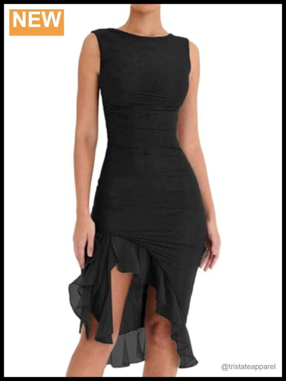 AXOSY Women's Midi Bodycon Dress Polyester Ruffle Hem Sleeveless Cocktail